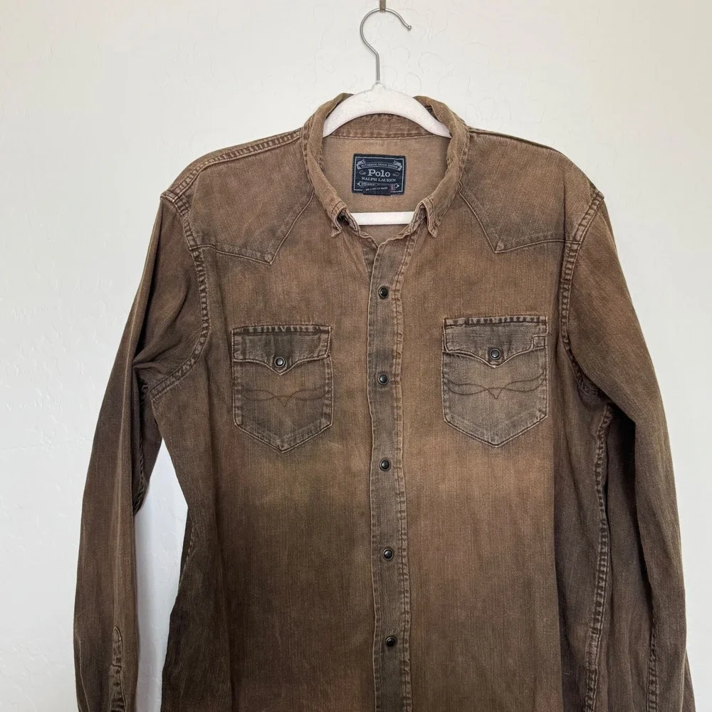 Polo Ralph Lauren Mens Cotton Denim Western Shirt L Brown Snap Front Cowboy